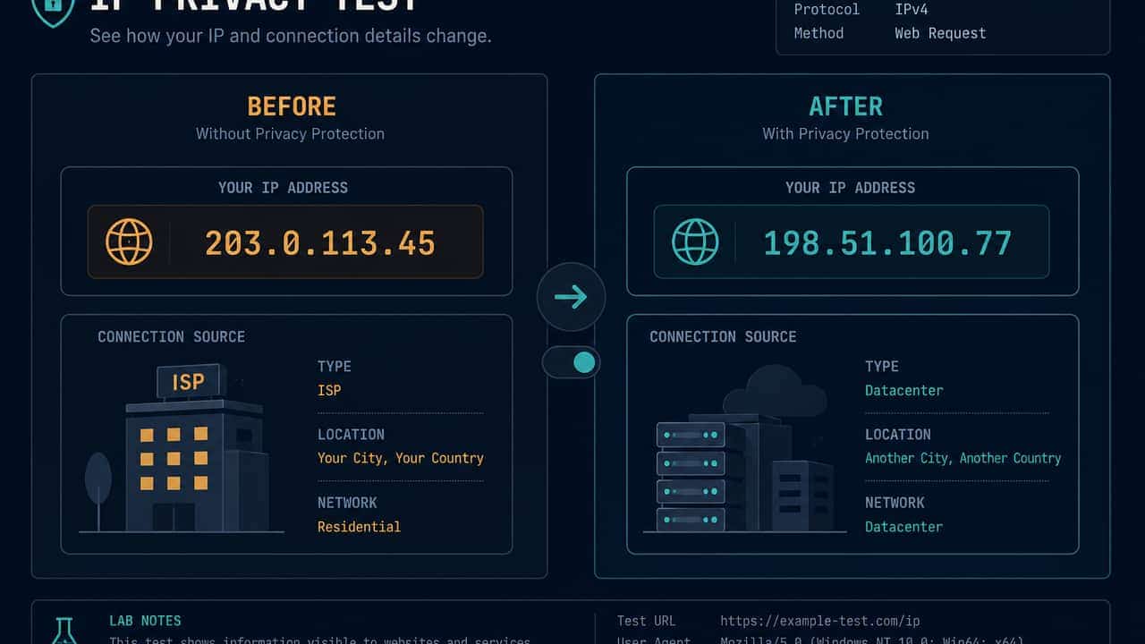 Side-by-side before and after panels showing different public IP values after a connection change