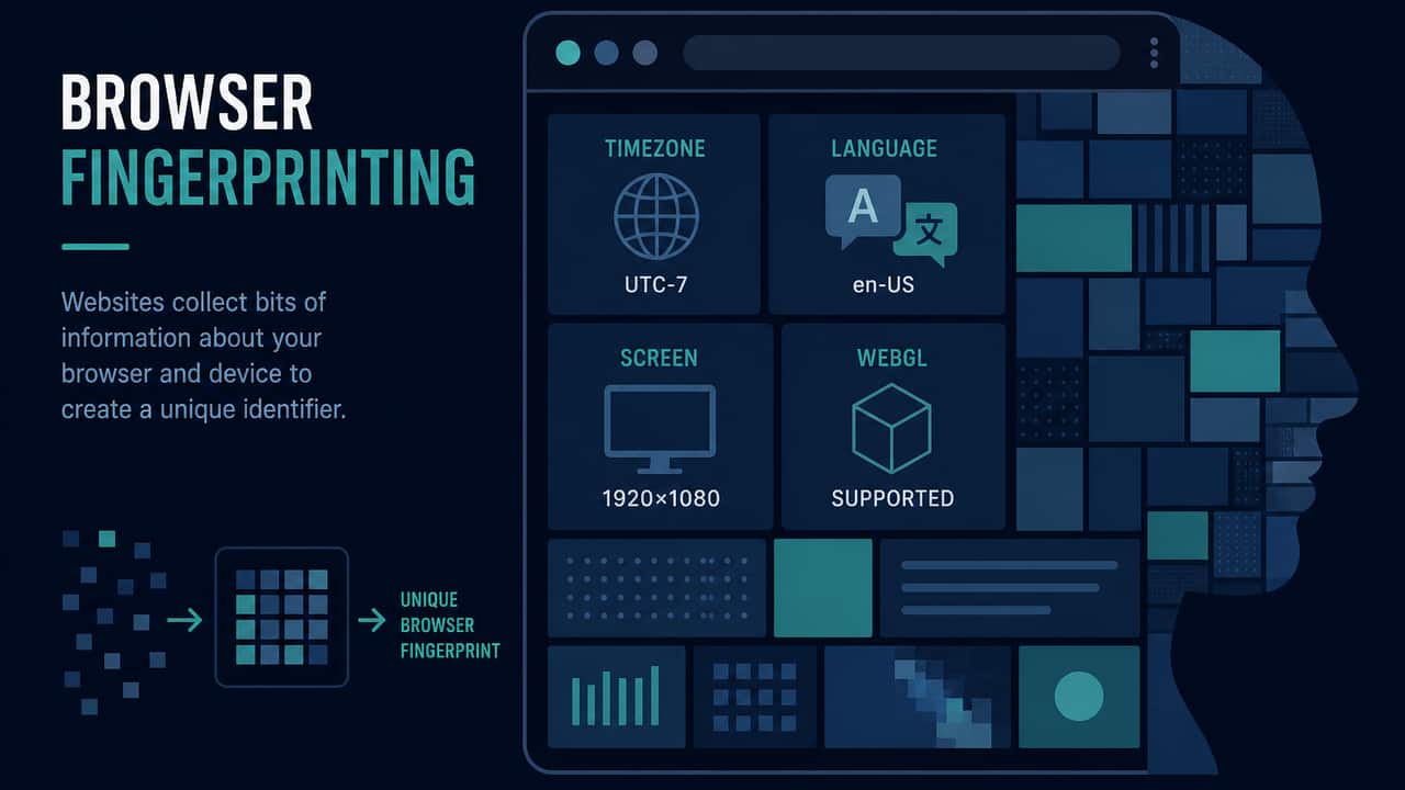Abstract browser window with separate tiles for language, timezone, screen, and WebGL