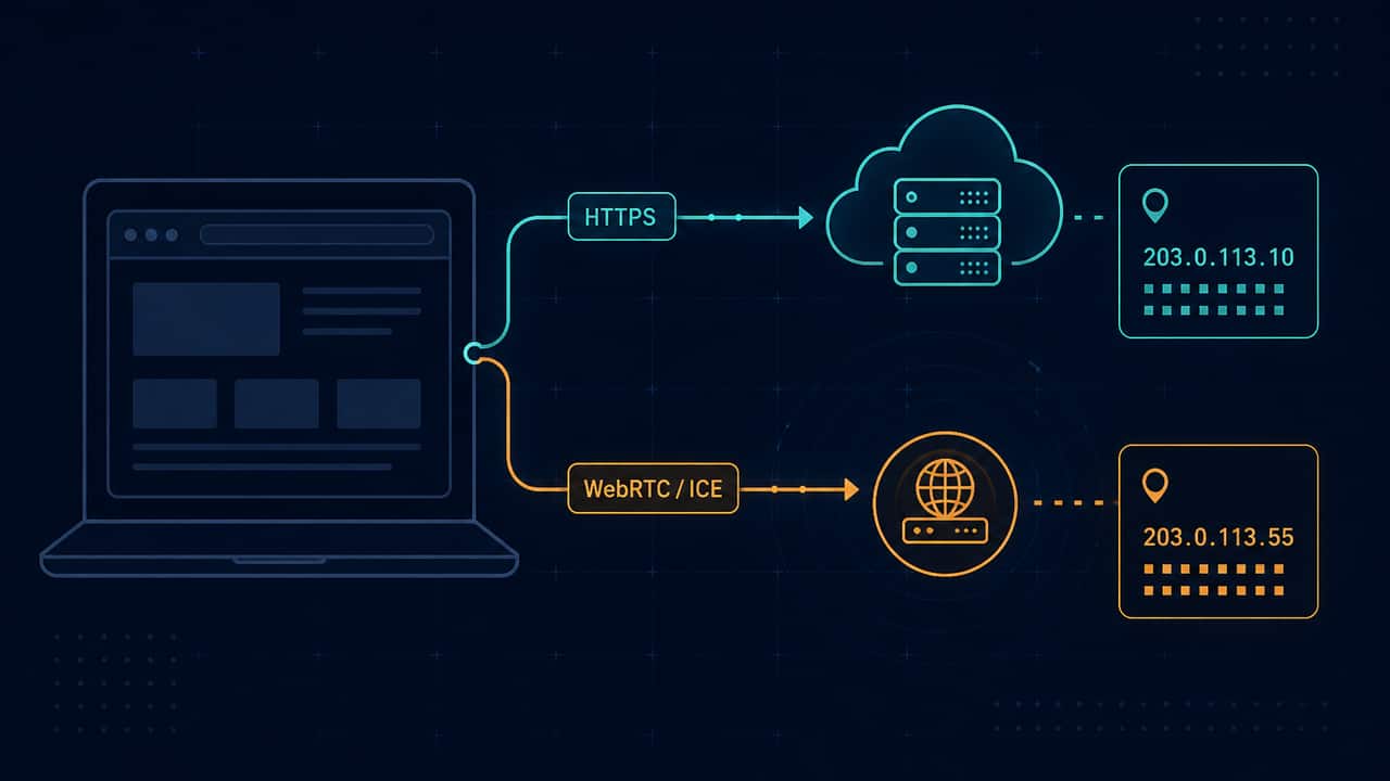 Diagram comparing an ordinary HTTPS public IP lookup with a separate WebRTC ICE candidate path